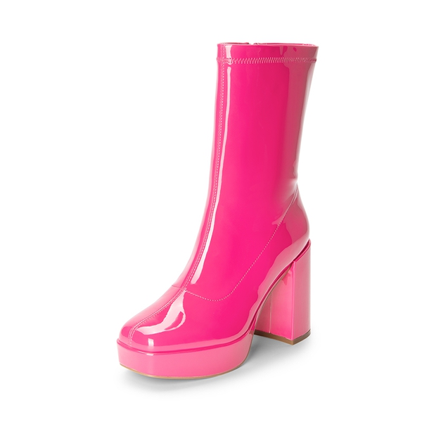 Y2K Square Toe Platform Mid-calf Boots - HOT PINK-PAT -  0