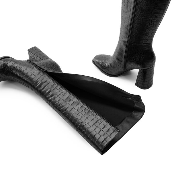 Square Toe Block Heel Knee-high Boots - BLACK-CROCO - 7