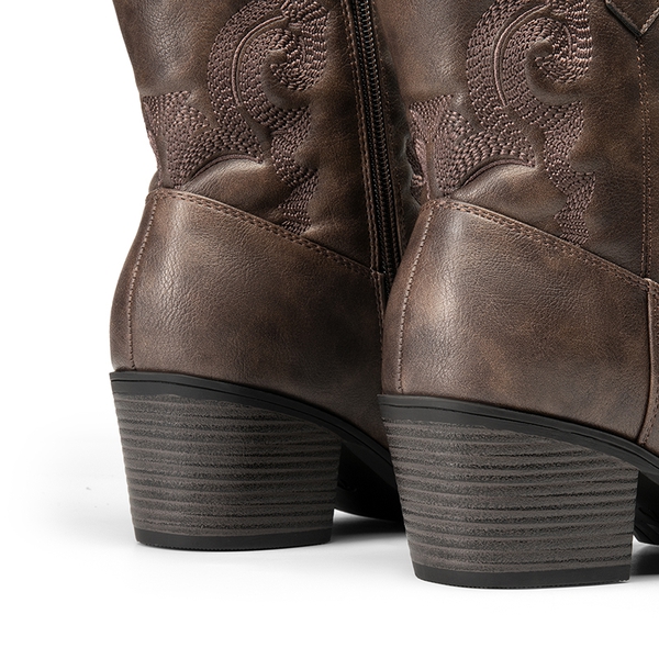 Embroidered Low Heel Cowgirl Ankle Boots - BROWN - 4