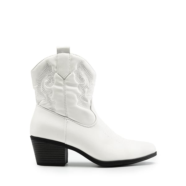 Embroidered Low Heel Cowgirl Ankle Boots - WHITE - 3