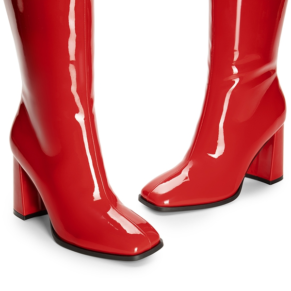 Square Toe Block Heel Knee-high Boots - RED-PAT - 6