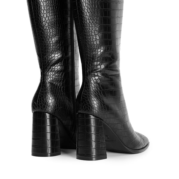 Square Toe Block Heel Knee-high Boots - BLACK-CROCO - 5