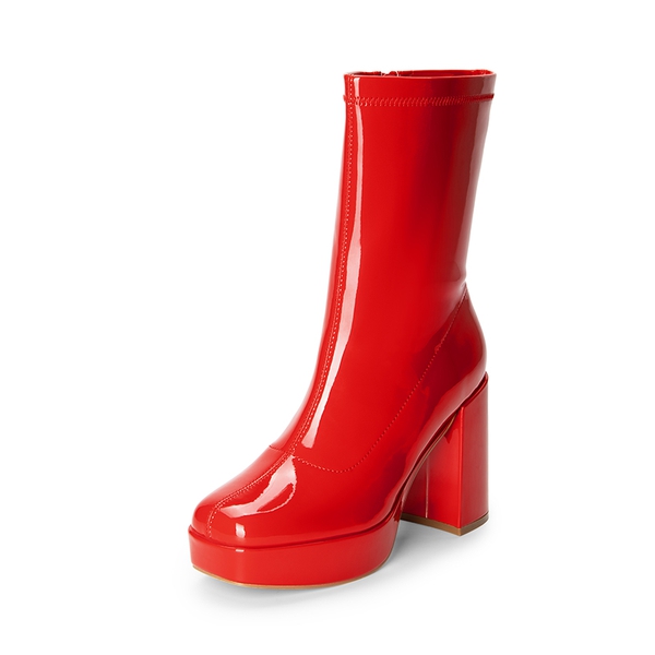 Y2K Square Toe Platform Mid-calf Boots - RED-PAT -  0