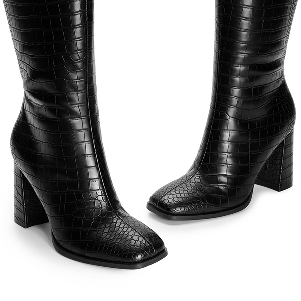 Square Toe Block Heel Knee-high Boots - BLACK-CROCO - 6