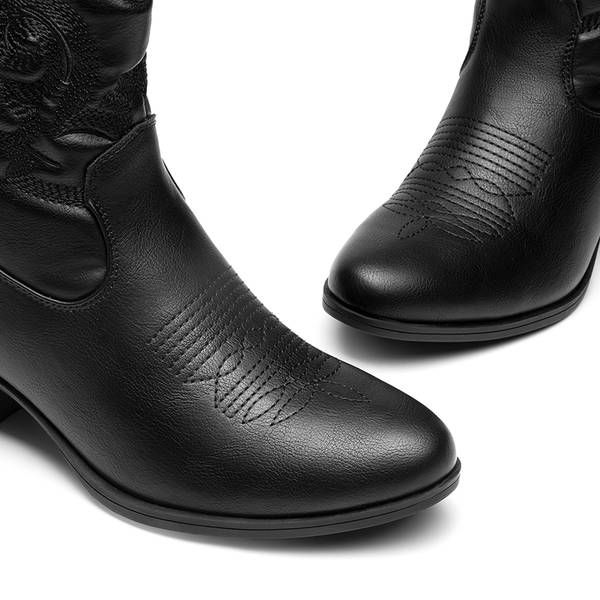 Embroidered Low Heel Cowgirl Ankle Boots - BLACK - 5