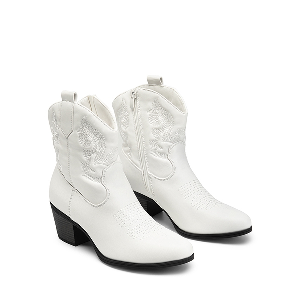 Embroidered Low Heel Cowgirl Ankle Boots - WHITE - 7