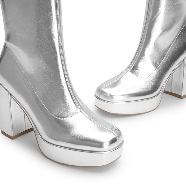 Y2K Square Toe Platform Mid-calf Boots - METALLIC SILVER - 5