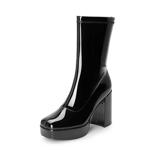 Y2K Square Toe Platform Mid-calf Boots - BLACK-PAT -  0