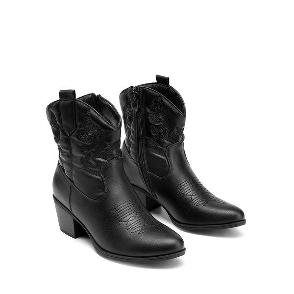 Embroidered Low Heel Cowgirl Ankle Boots - BLACK - 7