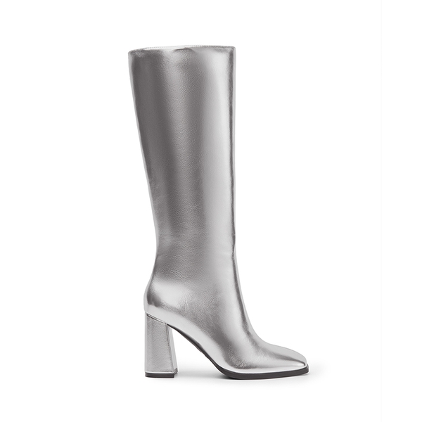 Square Toe Block Heel Knee-high Boots - SILVER-METAL - 3