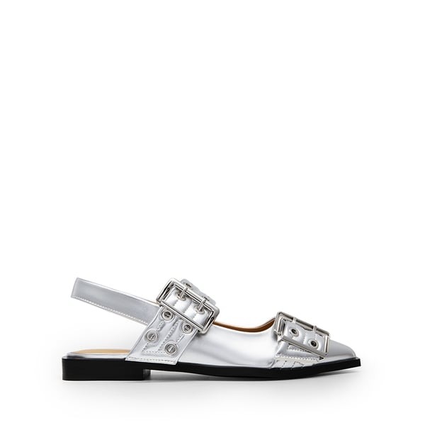 Pointed-toe Buckle Slingback Flats - SILVER - 3
