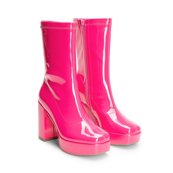 Y2K Square Toe Platform Mid-calf Boots - HOT PINK-PAT - 7