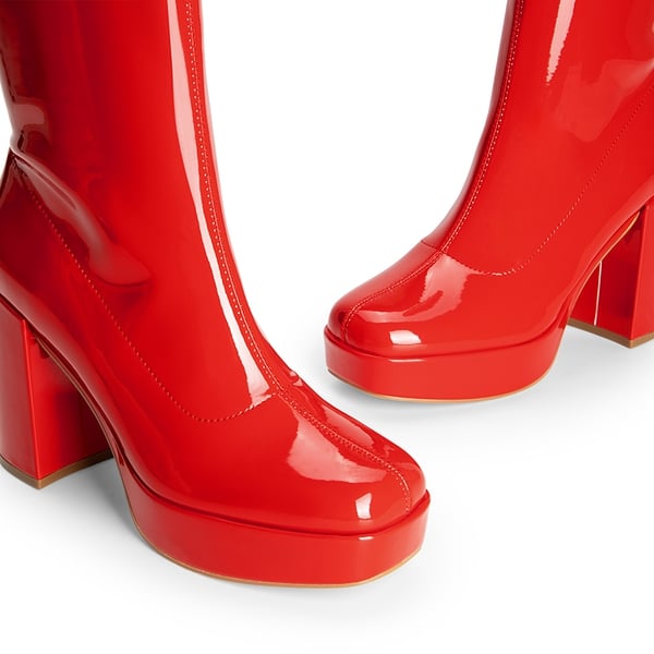 Y2K Square Toe Platform Mid-calf Boots - RED-PAT - 5