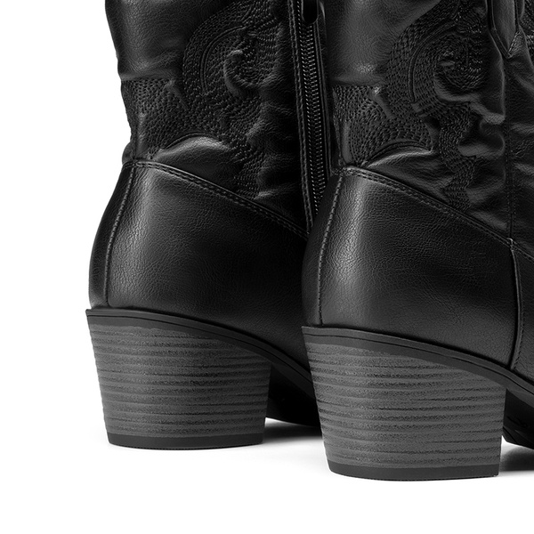 Embroidered Low Heel Cowgirl Ankle Boots - BLACK - 4