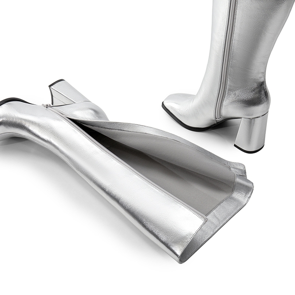 Square Toe Block Heel Knee-high Boots - SILVER-METAL - 7