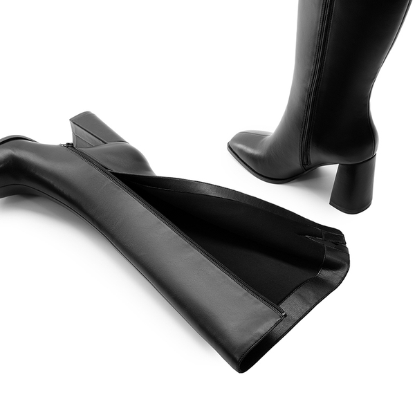 Square Toe Block Heel Knee-high Boots - BLACK-PU - 5