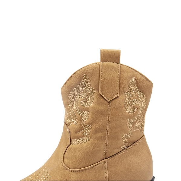 Embroidered Low Heel Cowgirl Ankle Boots - TAN - 6