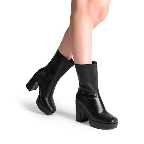 Y2K Square Toe Platform Mid-calf Boots - BLACK-PU - 2
