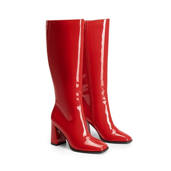 Square Toe Block Heel Knee-high Boots - RED-PAT - 4
