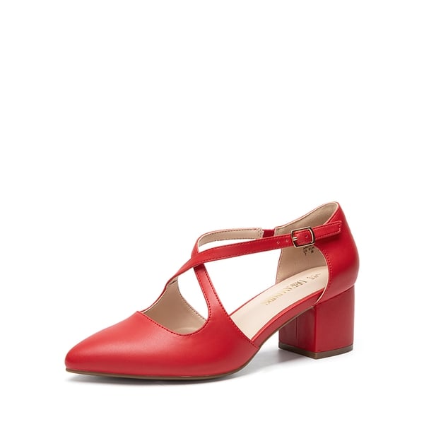 Criss-Cross Chunky Heel Pumps - RED-PU -  0