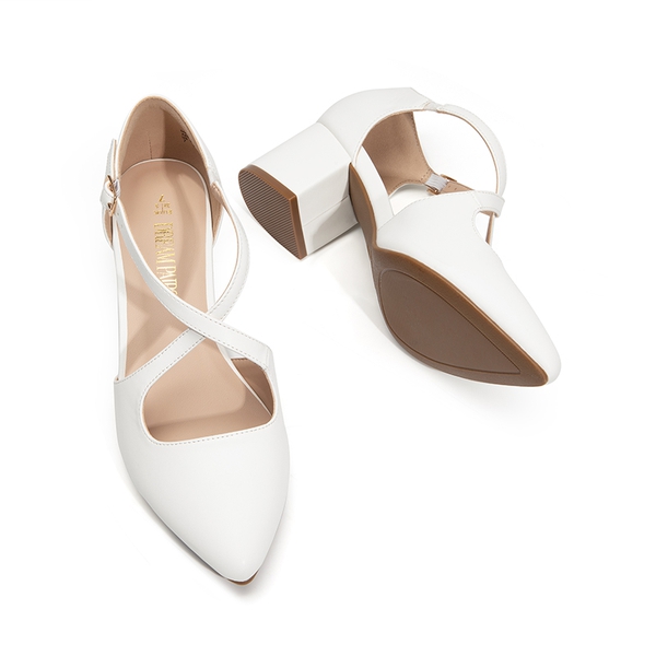 Criss-Cross Chunky Heel Pumps - WHITE-PU - 5