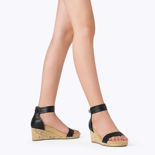 Ankle Strap Platform Wedge Heel Sandals - BLACK PU - 2