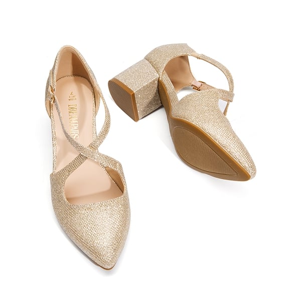 Criss-Cross Chunky Heel Pumps - GOLD-GLITTER - 5