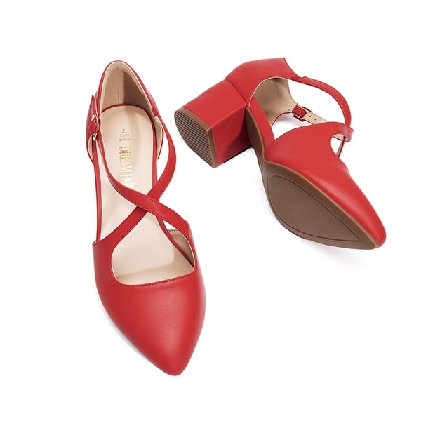 Criss-Cross Chunky Heel Pumps - RED-PU - 5
