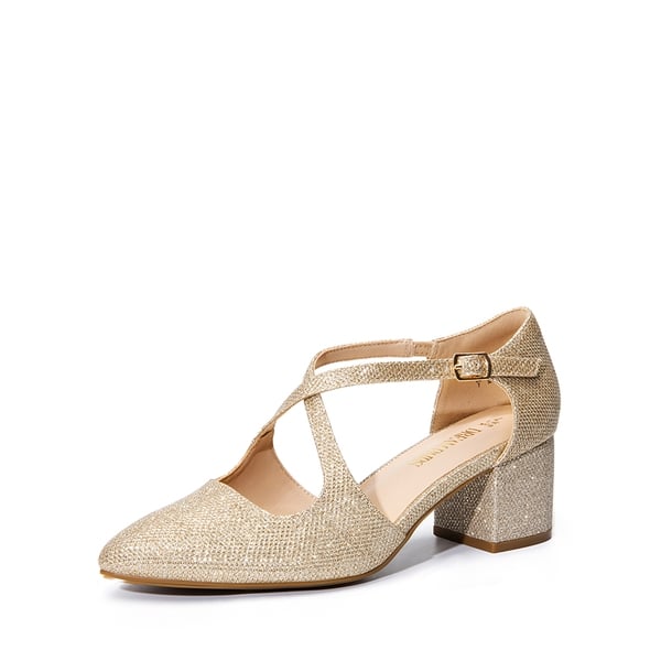 Criss-Cross Chunky Heel Pumps - GOLD-GLITTER -  0