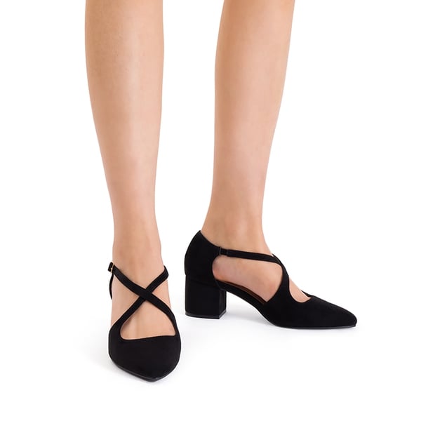 Criss-Cross Chunky Heel Pumps - BLACK-SUEDE - 1
