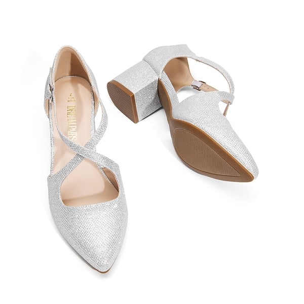 Criss-Cross Chunky Heel Pumps - SILVER-GLITTER - 5