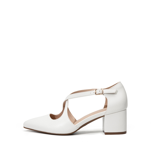 Criss-Cross Chunky Heel Pumps - WHITE-PU - 3