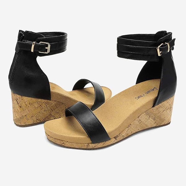 Ankle Strap Platform Wedge Heel Sandals - BLACK PU - 4