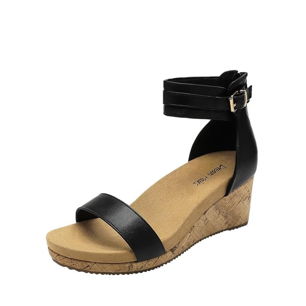 Ankle Strap Platform Wedge Heel Sandals - BLACK PU -  0