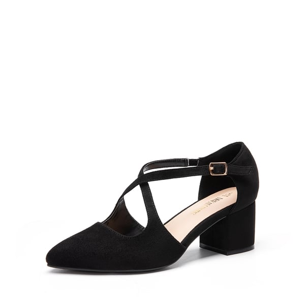 Criss-Cross Chunky Heel Pumps - BLACK-SUEDE -  0