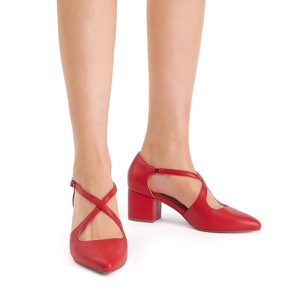 Criss-Cross Chunky Heel Pumps - RED-PU - 1