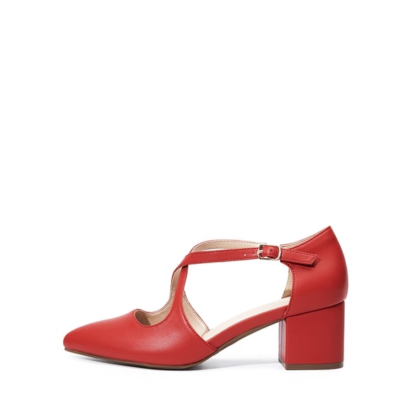 Criss-Cross Chunky Heel Pumps - RED-PU - 3