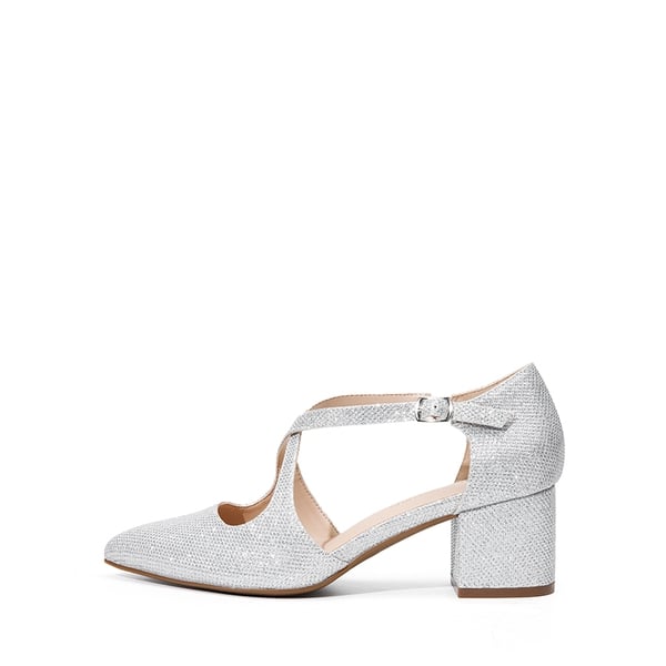 Criss-Cross Chunky Heel Pumps - SILVER-GLITTER - 3