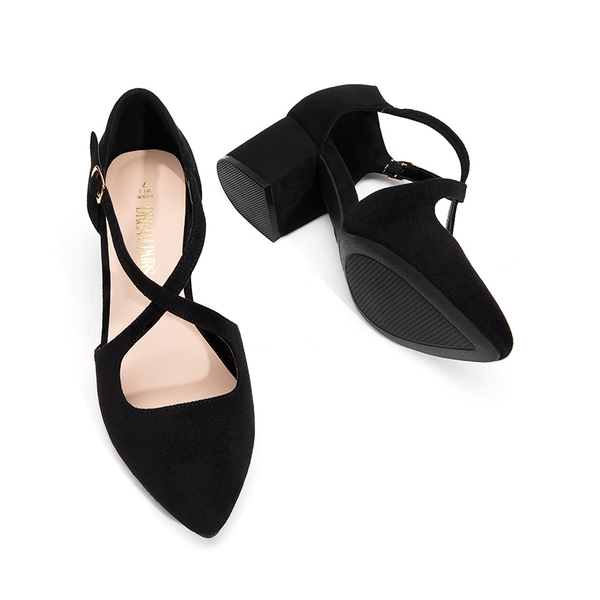 Criss-Cross Chunky Heel Pumps - BLACK-SUEDE - 5