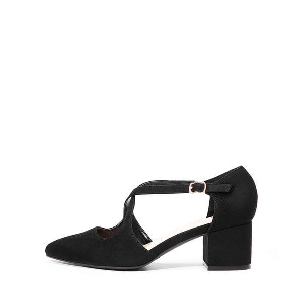 Criss-Cross Chunky Heel Pumps - BLACK-SUEDE - 3