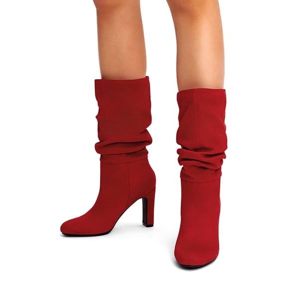 Slouchy Mid-calf Boots - RED-SUEDE - 1