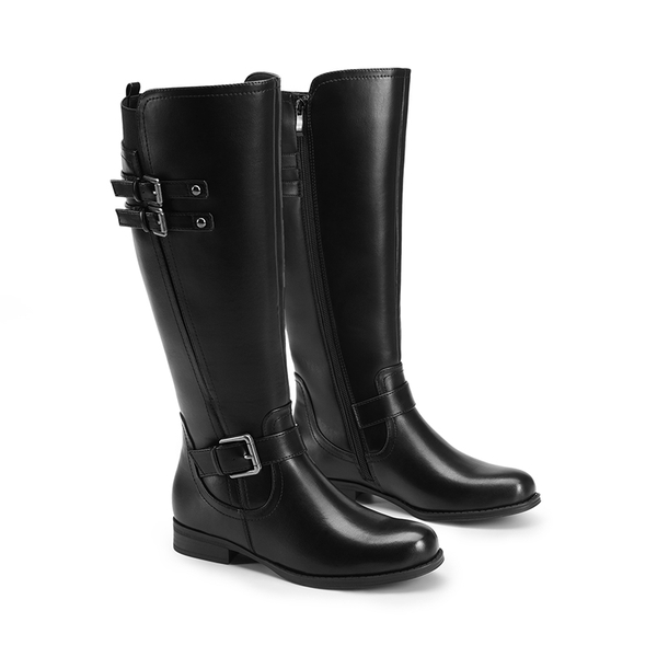 Knee High Buckle Riding Boots - BLACK - 4
