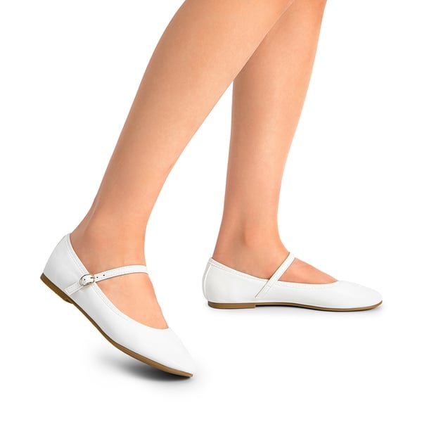 Buckle Round Toe Mary Jane Flats - WHITE-PU - 2