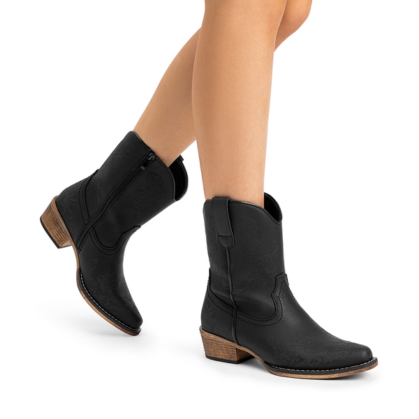 Cuban Heel Cowgirl Ankle Boots - BLACK - 2
