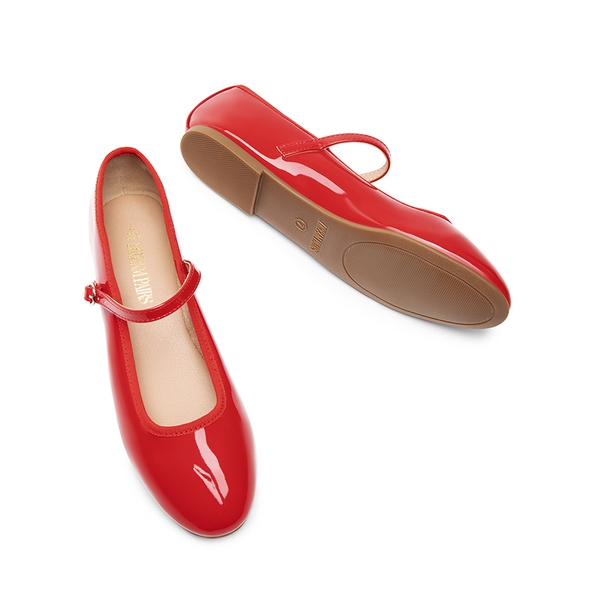 Buckle Round Toe Mary Jane Flats - RED-PAT - 5