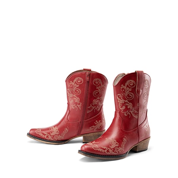Cuban Heel Cowgirl Ankle Boots - RED - 6