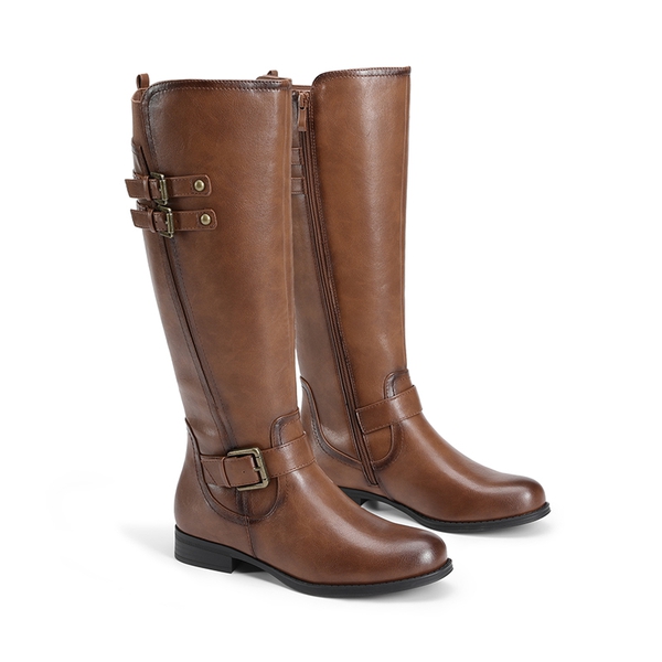Knee High Buckle Riding Boots - TAN - 4
