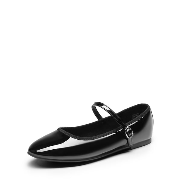Buckle Round Toe Mary Jane Flats - BLACK-PAT -  0