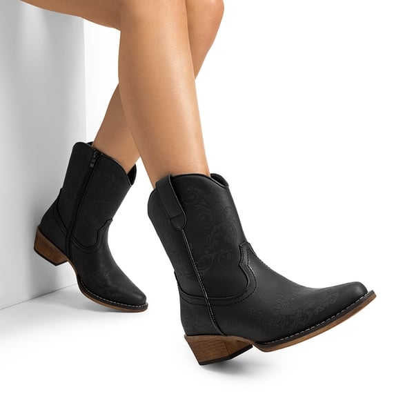 Cuban Heel Cowgirl Ankle Boots - BLACK - 1