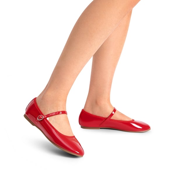 Buckle Round Toe Mary Jane Flats - RED-PAT - 2